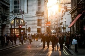 group of people standing at city